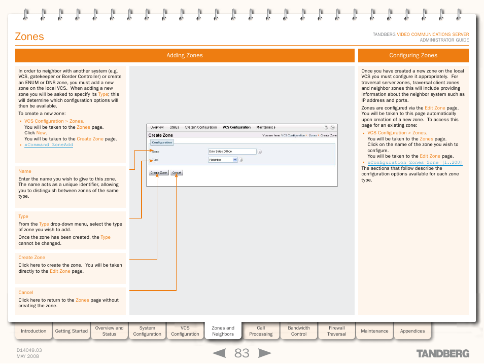 Adding zones, Configuring zones, Adding zones configuring zones | Zones | TANDBERG Security Camera User Manual | Page 83 / 247