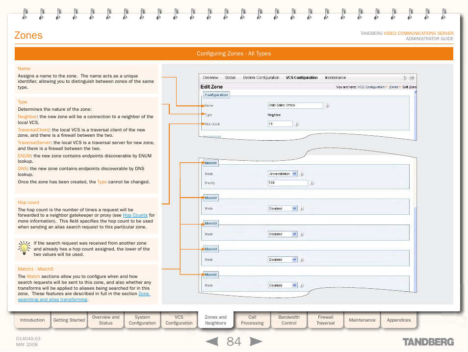 Configuring zones - all types, Zones | TANDBERG Security Camera User Manual | Page 84 / 247