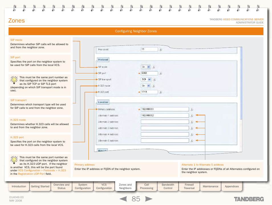 Configuring neighbor zones, Zones | TANDBERG Security Camera User Manual | Page 85 / 247