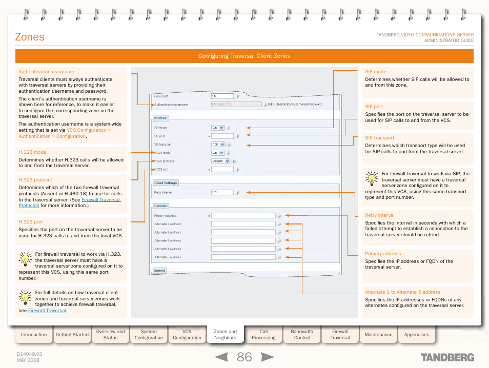 Configuring traversal client zones, Zones | TANDBERG Security Camera User Manual | Page 86 / 247