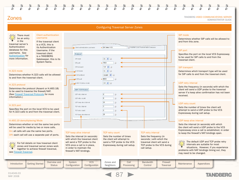 Configuring traversal server zones, Zones | TANDBERG Security Camera User Manual | Page 87 / 247