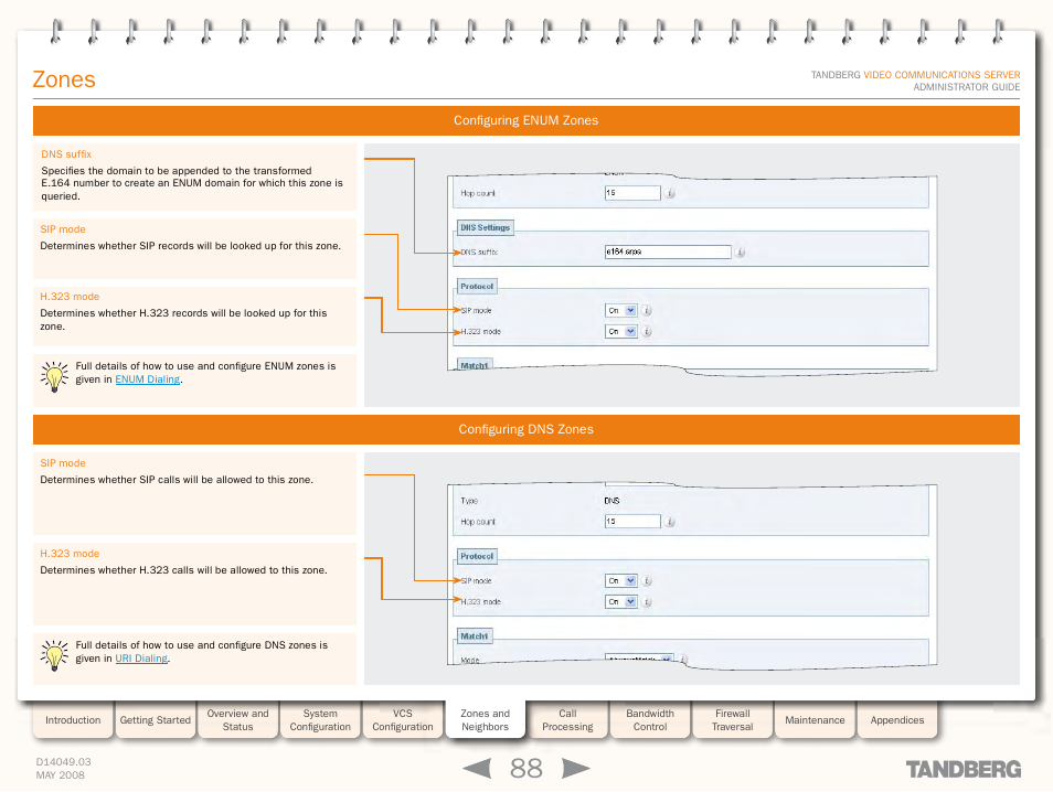 Configuring enum zones, Configuring dns zones, Configuring enum zones configuring dns zones | Zones | TANDBERG Security Camera User Manual | Page 88 / 247