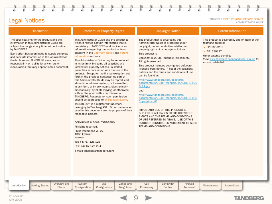 Preamble, Legal notices, Disclaimer | Intellectual property rights, Copyright notice, Patent information | TANDBERG Security Camera User Manual | Page 9 / 247