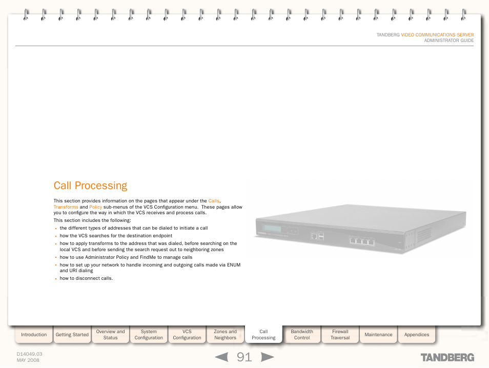 Call processing, Call, Processing | Quick setup | TANDBERG Security Camera User Manual | Page 91 / 247