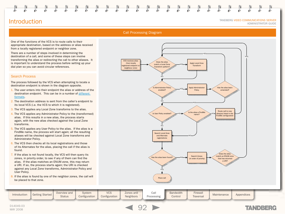 Introduction, Call processing diagram, Search process | Grey headline (continued) search process | TANDBERG Security Camera User Manual | Page 92 / 247