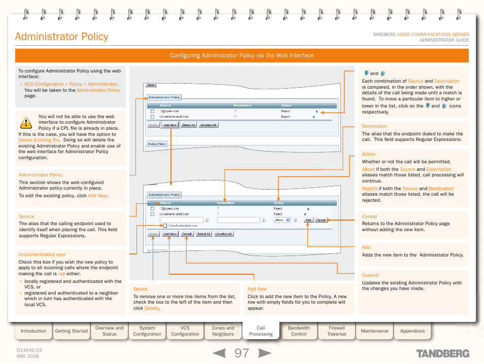 Interface, Via the web interface, Administrator policy | TANDBERG Security Camera User Manual | Page 97 / 247