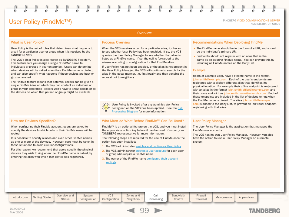 User policy (findme™), Overview, What is user policy | How are devices specified, Process overview, Who must do what before findme™ can be used, Recommendations when deploying findme, Example, User policy manager | TANDBERG Security Camera User Manual | Page 99 / 247