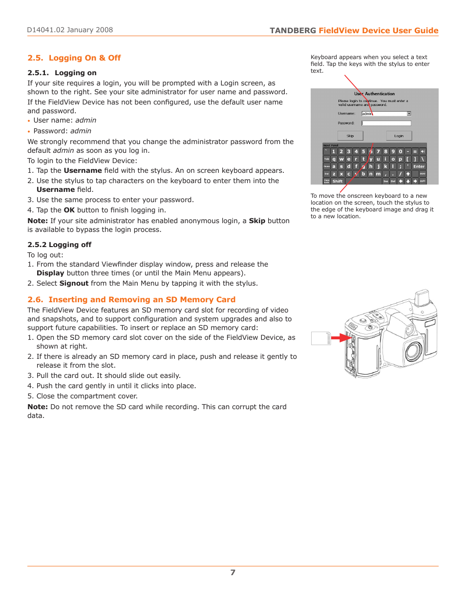 Logging on & off, Inserting and removing an sd memory card | TANDBERG D14041.02 User Manual | Page 11 / 33