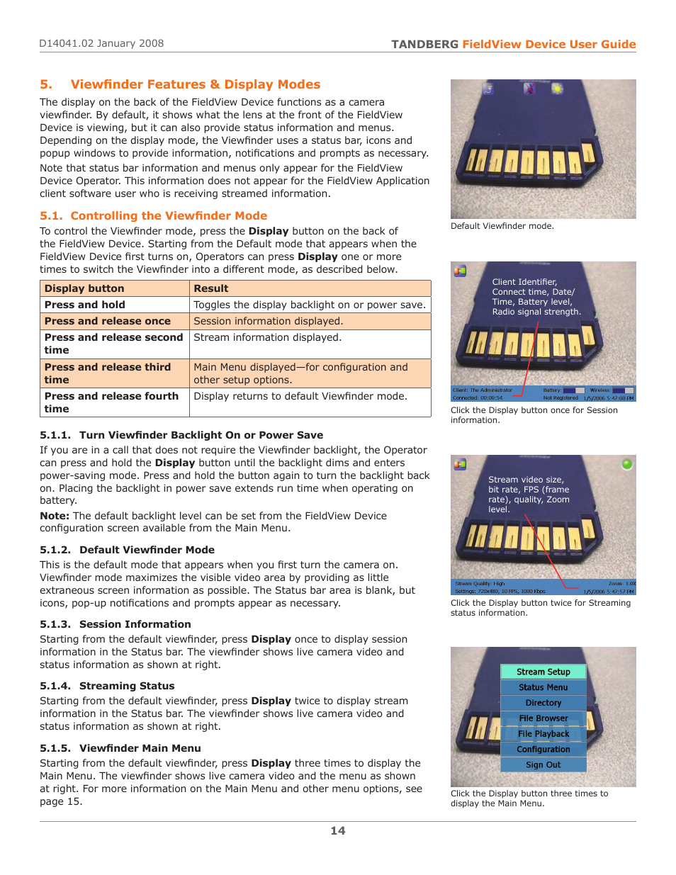 Viewfinder features & display modes, Controlling the viewfinder mode | TANDBERG D14041.02 User Manual | Page 18 / 33