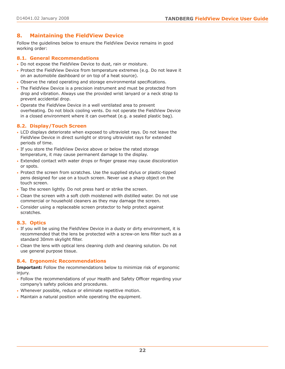 Maintaining the mcd, General recommendations, Display/touch screen | Optics, Ergonomic recommendations, Maintaining the fieldview device | TANDBERG D14041.02 User Manual | Page 26 / 33