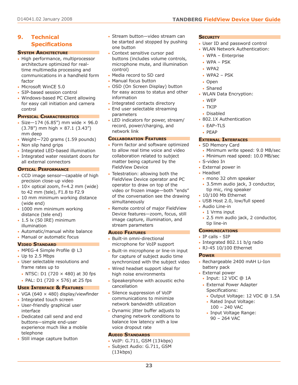 Technical specifications | TANDBERG D14041.02 User Manual | Page 27 / 33