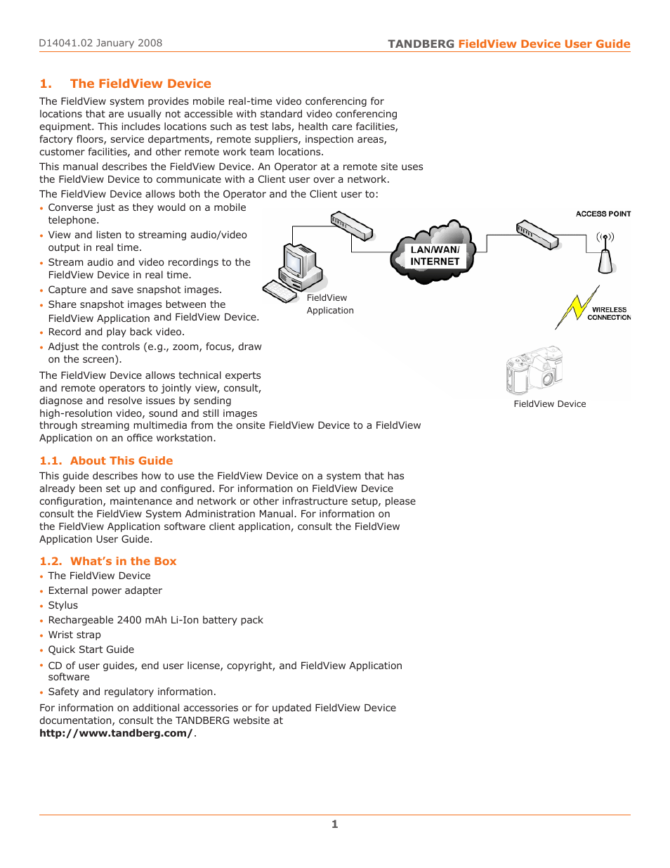 The n_sight mcd1000, About this guide, What’s in the box | The fieldview device, About this guide 1.2. what’s in the box | TANDBERG D14041.02 User Manual | Page 5 / 33