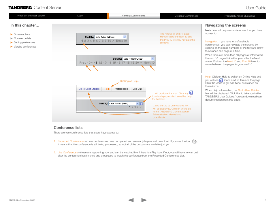 Content server user guide, Navigating the screens, Conference lists | TANDBERG Content Server None User Manual | Page 5 / 14