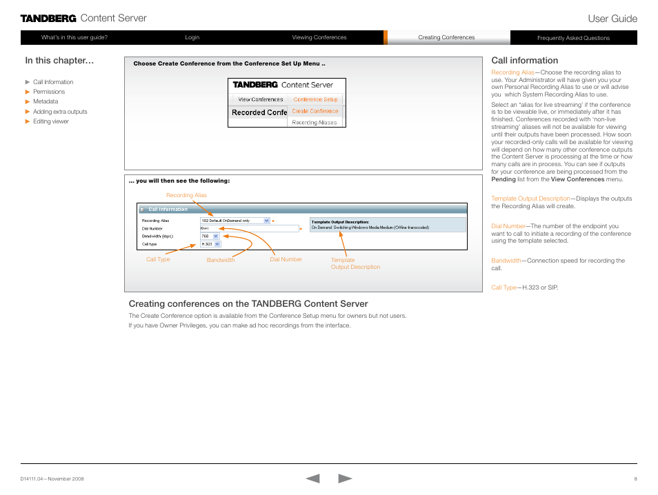 Creating conference, Content server user guide, Call information | TANDBERG Content Server None User Manual | Page 8 / 14