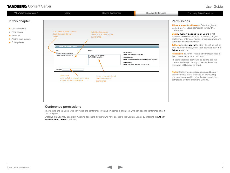 Permissions, Content server user guide, Conference permissions | TANDBERG Content Server None User Manual | Page 9 / 14