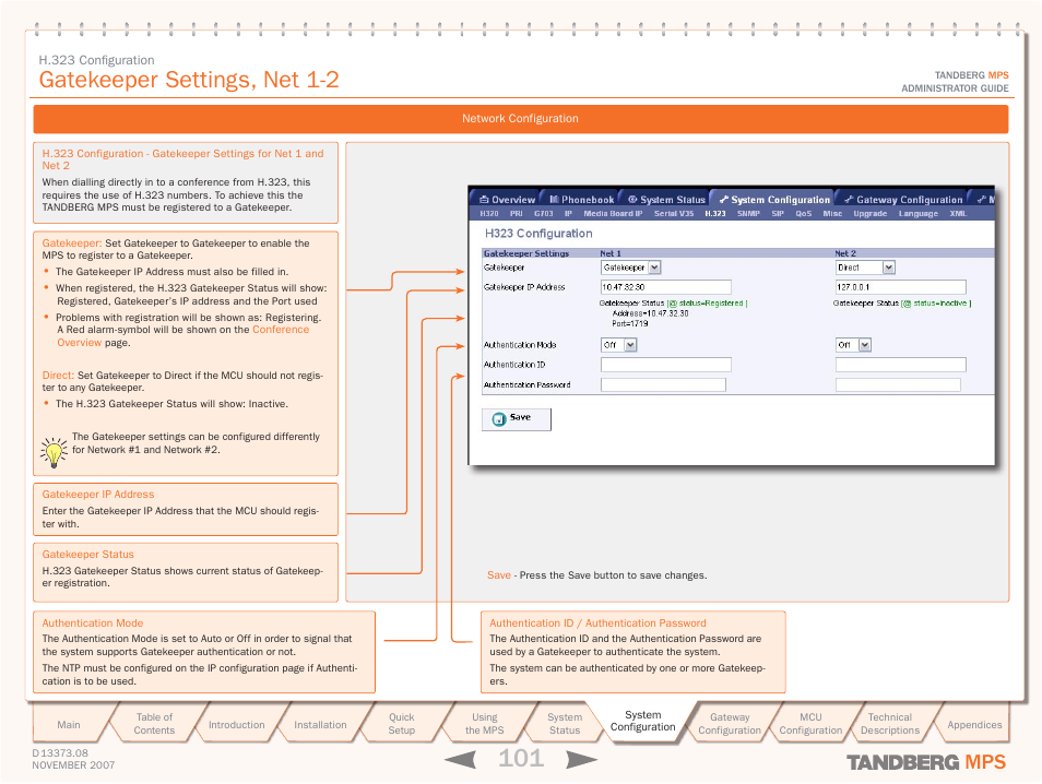 H.323 configuration, Gatekeeper settings, net 1-2, System configuration | TANDBERG Media Processing System MPS 200 User Manual | Page 101 / 179