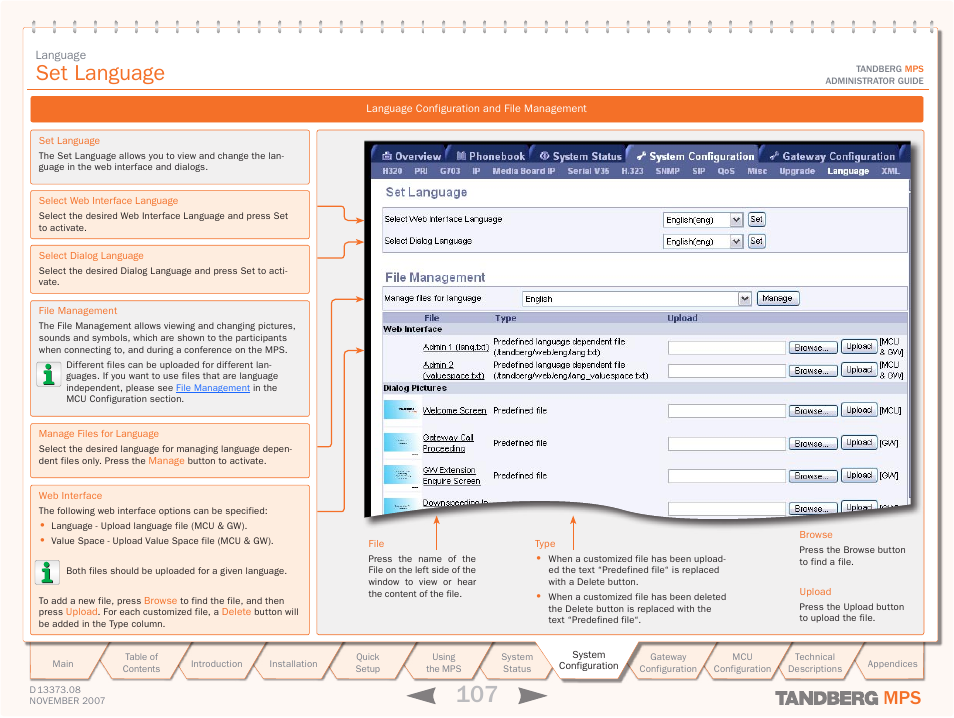 Language, Set language | TANDBERG Media Processing System MPS 200 User Manual | Page 107 / 179