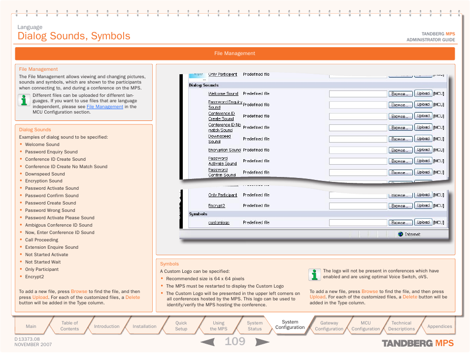 Dialog sounds, symbols | TANDBERG Media Processing System MPS 200 User Manual | Page 109 / 179
