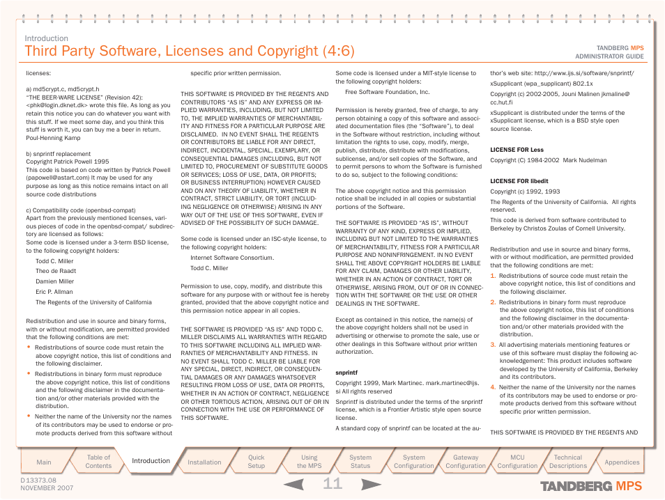 Third party software, licenses and copyright (4:6) | TANDBERG Media Processing System MPS 200 User Manual | Page 11 / 179