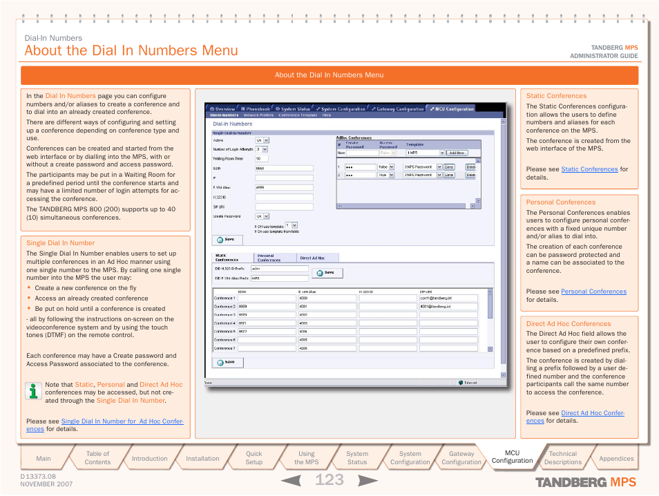 About the dial in numbers menu, Configuration > dial in numbers | TANDBERG Media Processing System MPS 200 User Manual | Page 123 / 179