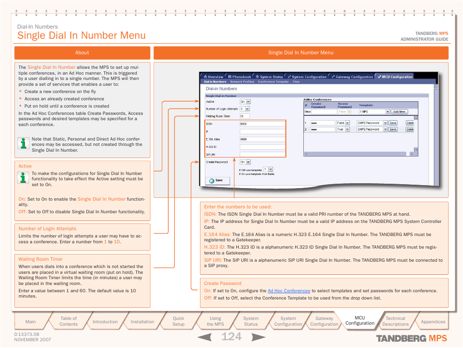 Single dial in number menu, Single dial in number for ad hoc confer, Ences | TANDBERG Media Processing System MPS 200 User Manual | Page 124 / 179