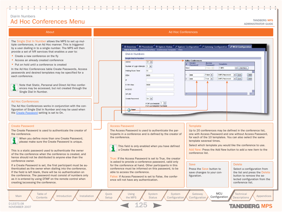 Ad hoc conferences menu, Ad hoc conferences | TANDBERG Media Processing System MPS 200 User Manual | Page 125 / 179