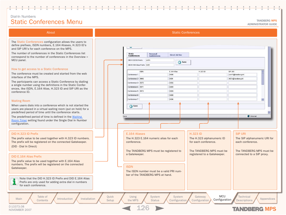 Static conferences menu, Dial in direct numbers, Static conferences | TANDBERG Media Processing System MPS 200 User Manual | Page 126 / 179