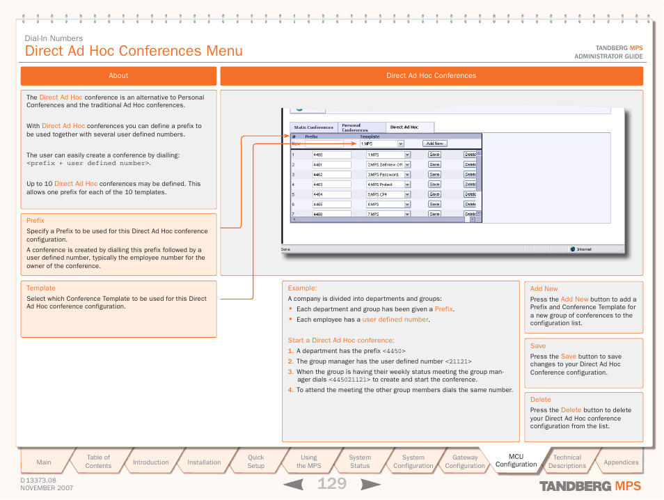 Direct ad hoc conferences menu, Direct ad hoc confer, Ences | TANDBERG Media Processing System MPS 200 User Manual | Page 129 / 179