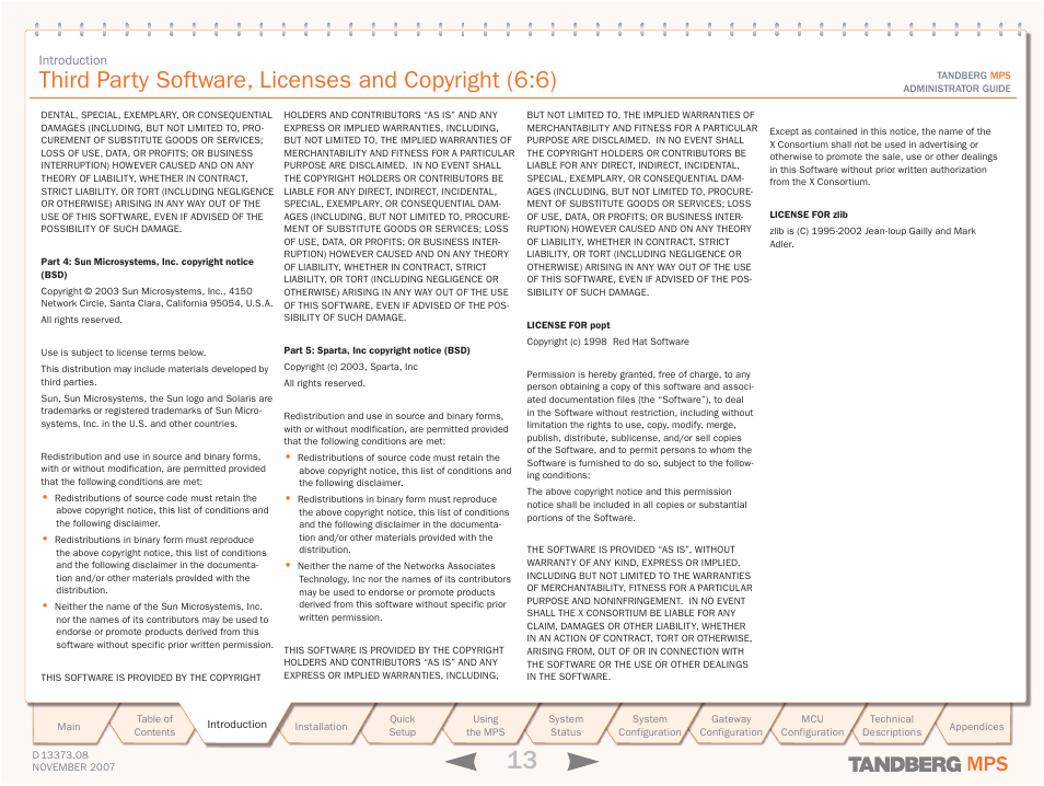 Third party software, licenses and copyright (6:6) | TANDBERG Media Processing System MPS 200 User Manual | Page 13 / 179