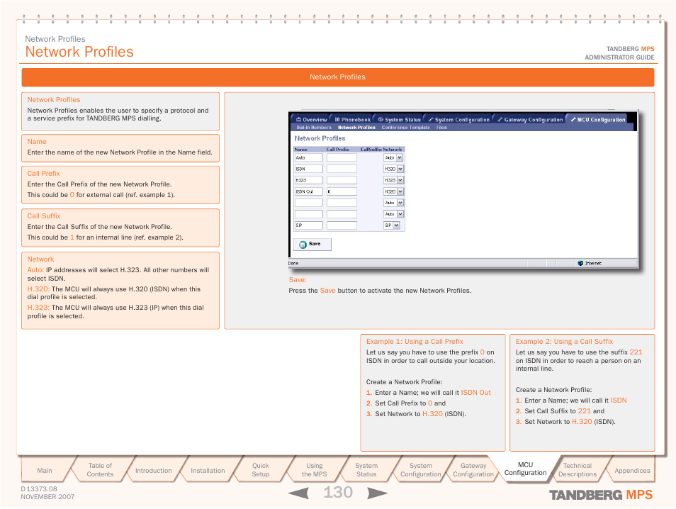 Network profiles, Mcu configuration | TANDBERG Media Processing System MPS 200 User Manual | Page 130 / 179