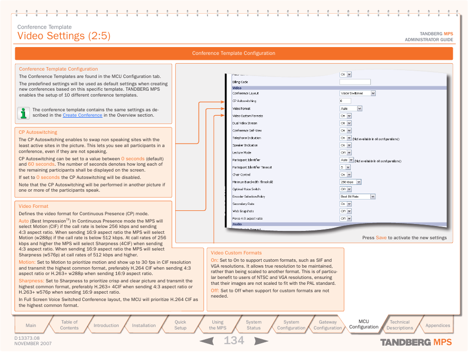 Video settings (2:5) | TANDBERG Media Processing System MPS 200 User Manual | Page 134 / 179