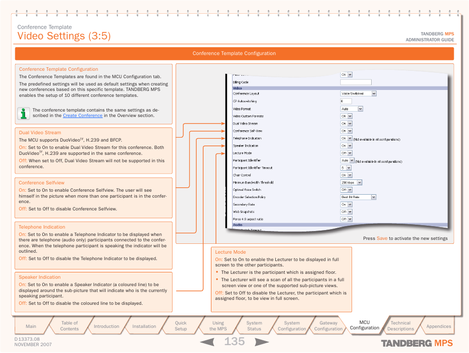 Video settings (3:5) | TANDBERG Media Processing System MPS 200 User Manual | Page 135 / 179