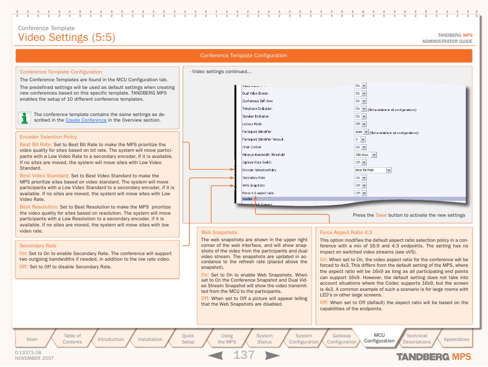 Video settings (5:5) | TANDBERG Media Processing System MPS 200 User Manual | Page 137 / 179