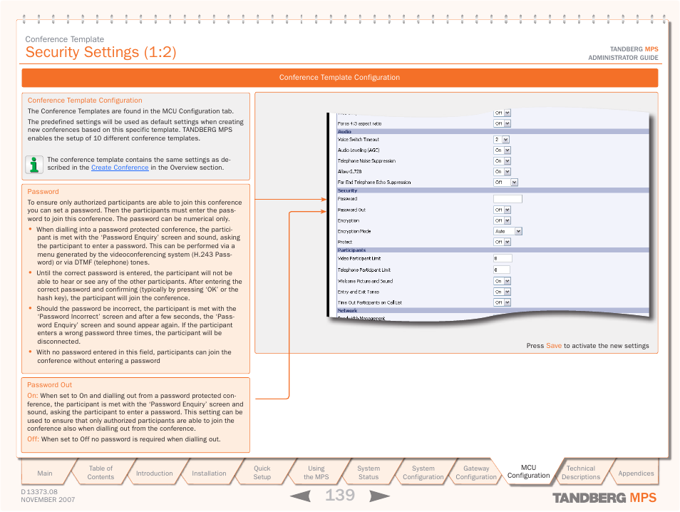 Security settings (1:2) | TANDBERG Media Processing System MPS 200 User Manual | Page 139 / 179