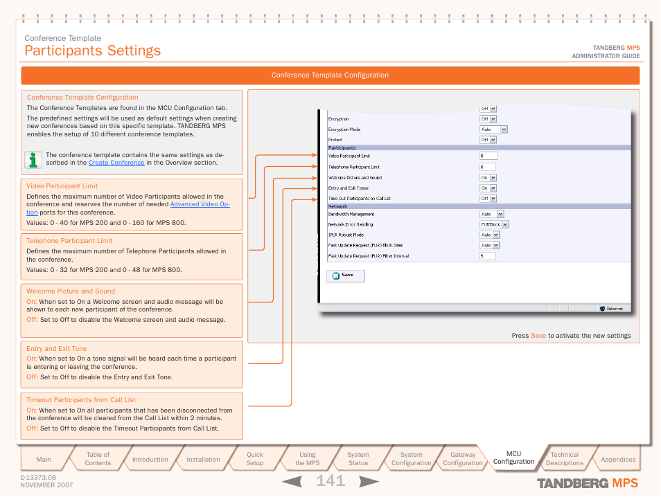 Participants settings | TANDBERG Media Processing System MPS 200 User Manual | Page 141 / 179