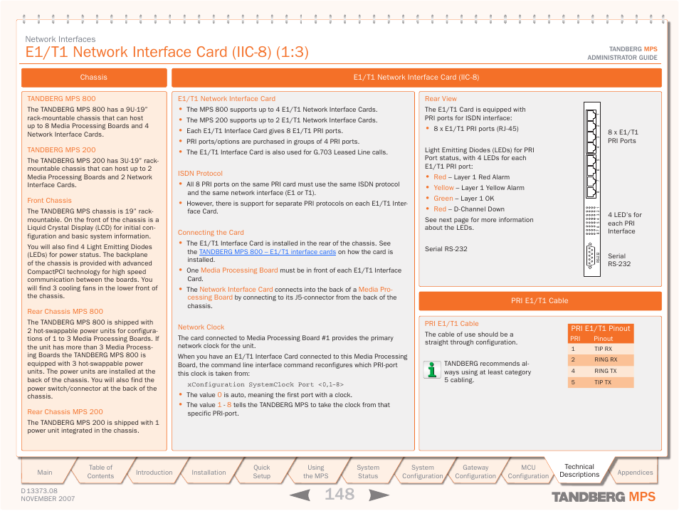 E1/t1 network interface card (iic-8) (1:3), Network interface cards | TANDBERG Media Processing System MPS 200 User Manual | Page 148 / 179