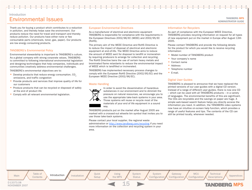 Environmental issues | TANDBERG Media Processing System MPS 200 User Manual | Page 15 / 179