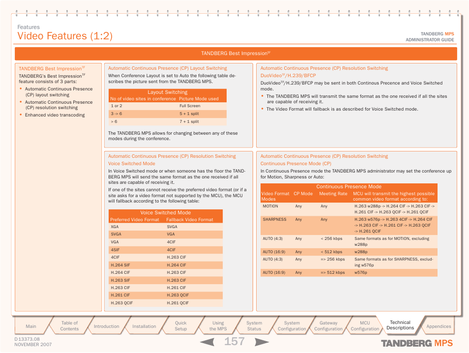 Tandberg best impressiontf, Tandberg best impression, Video features | Video, Features, Video features (1:2) | TANDBERG Media Processing System MPS 200 User Manual | Page 157 / 179
