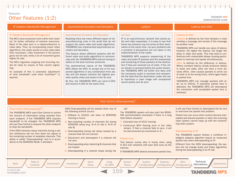 Ip adaptive bandwidth management, Flow control (downspeedingtf), Asymmetrical encoders and decoders | Lipsync, Latency and jitter, Other features (1:2) | TANDBERG Media Processing System MPS 200 User Manual | Page 159 / 179