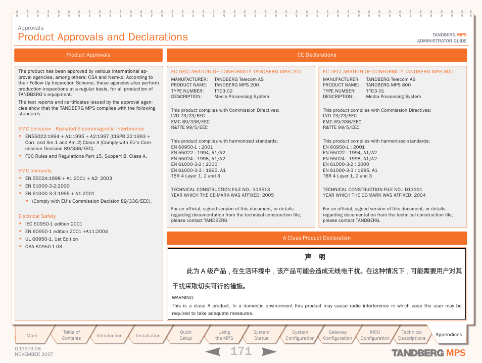 Product approvals and declarations, Product approvals, Ce declarations | A class product declaration | TANDBERG Media Processing System MPS 200 User Manual | Page 171 / 179