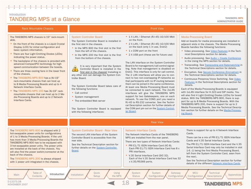 Tandberg mps at a glance | TANDBERG Media Processing System MPS 200 User Manual | Page 18 / 179