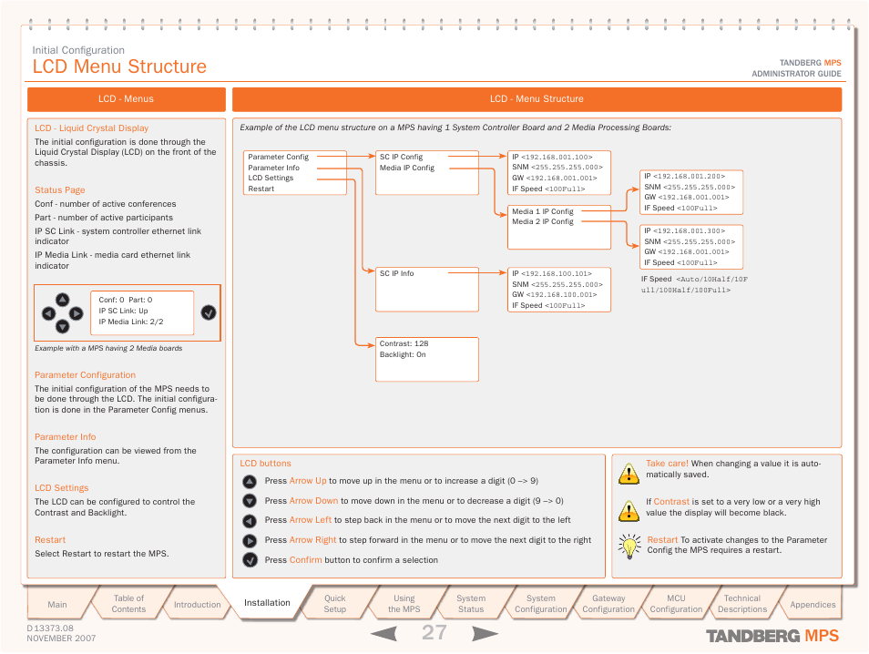 Lcd menu structure | TANDBERG Media Processing System MPS 200 User Manual | Page 27 / 179