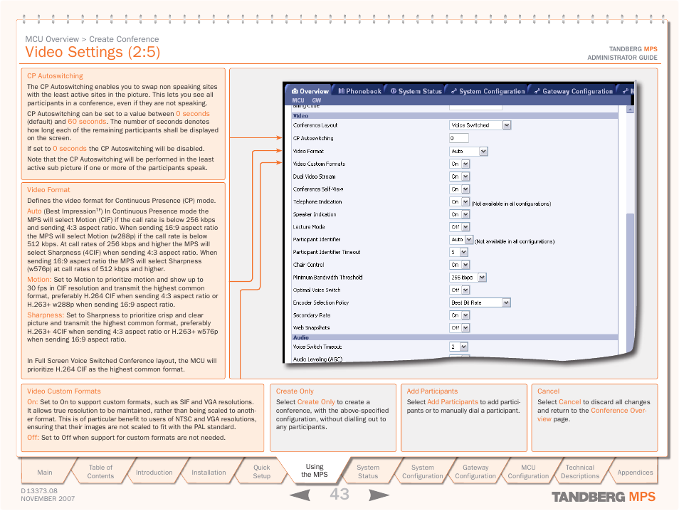 Video settings (2:5) | TANDBERG Media Processing System MPS 200 User Manual | Page 43 / 179