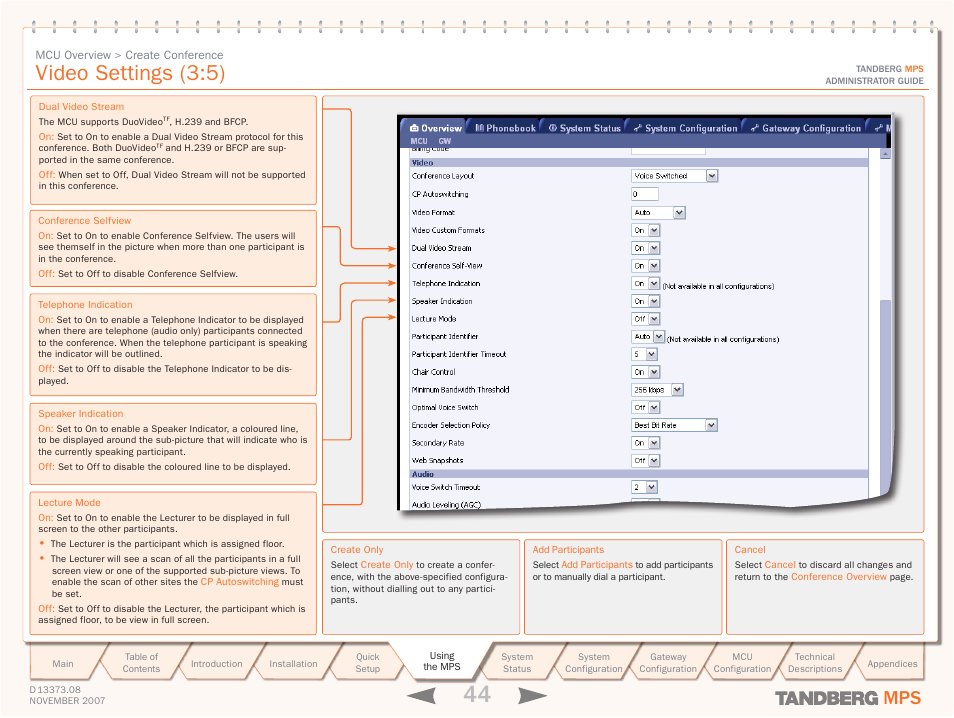 Video settings (3:5) | TANDBERG Media Processing System MPS 200 User Manual | Page 44 / 179