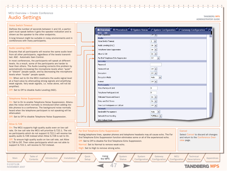 Audio settings, Audio > create conference | TANDBERG Media Processing System MPS 200 User Manual | Page 47 / 179
