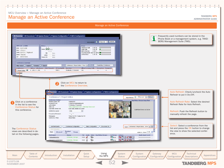 Mcu overview > manage an active conference, Manage an active conference | TANDBERG Media Processing System MPS 200 User Manual | Page 52 / 179