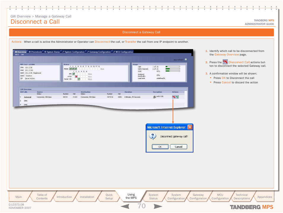 Gw overview > manage a gateway call, Disconnect a call | TANDBERG Media Processing System MPS 200 User Manual | Page 70 / 179