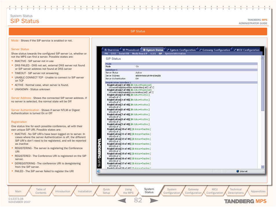 Sip status | TANDBERG Media Processing System MPS 200 User Manual | Page 82 / 179