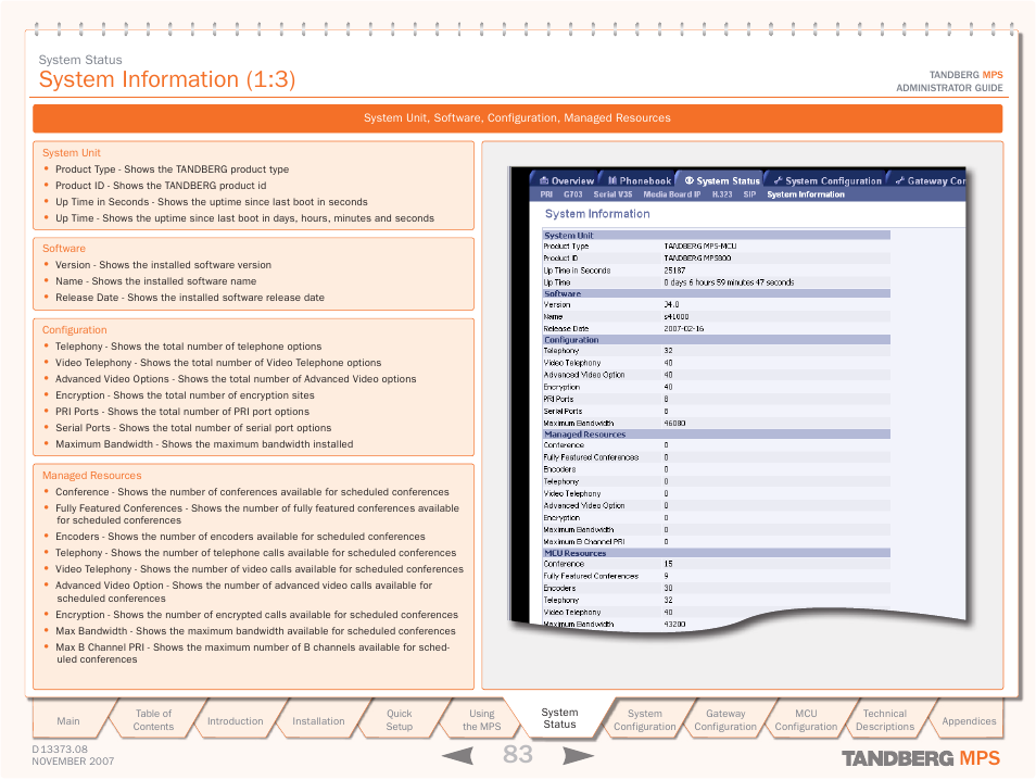 System information (1:3) | TANDBERG Media Processing System MPS 200 User Manual | Page 83 / 179