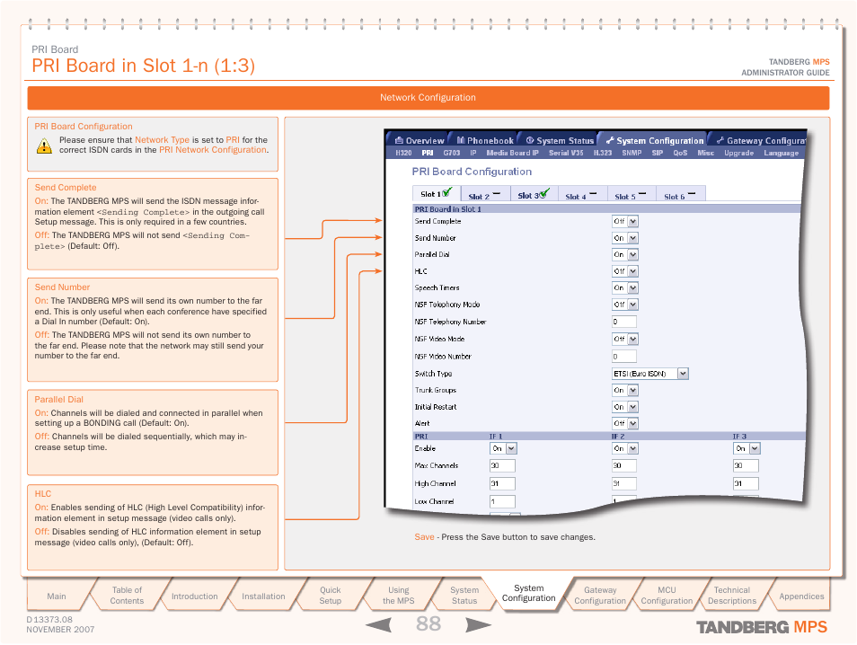 Pri board, Pri board in slot 1-n (1:3) | TANDBERG Media Processing System MPS 200 User Manual | Page 88 / 179